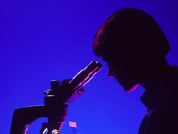 Una patologa osserva un vetrino istologico al microscopio