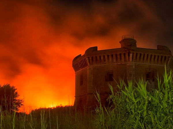 Alcuni momenti dell'incendio che ieri sera ha colpito una vasta area di vegetazione nella zona di via dell'Idroscalo ad Ostia