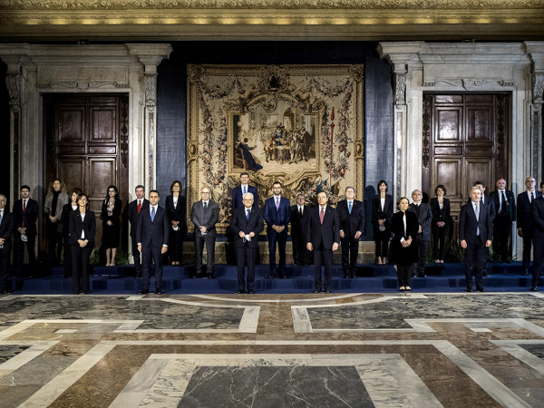 La cerimonia di giuramento del governo al Palazzo del Quirinale nel febbraio 2021