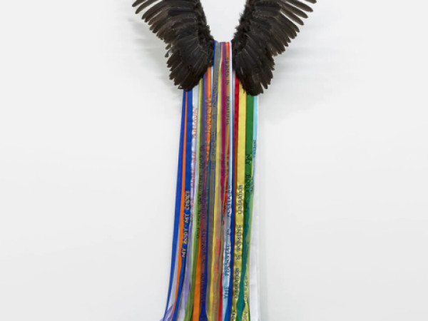 Andrea Bowers, Goddess (Power of the Common Public), 2016, Feathers, metal bracket and ribbons. Courtesy of the artist and Andrew Kreps Gallery, New York