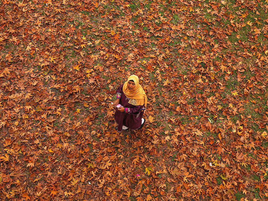 Srinagar (India). Una donna cammina sulle foglie arancioni dell’albero Chinar, tipico della zona. Il Kashmir &egrave; stato interessato da temperature molto fredde negli ultimi giorni, con nevicate nelle zone montuose e pioggia in pianura. Condizioni che, secondo il Dipartimento meteorologico locale, dureranno fino all’11 novembre.