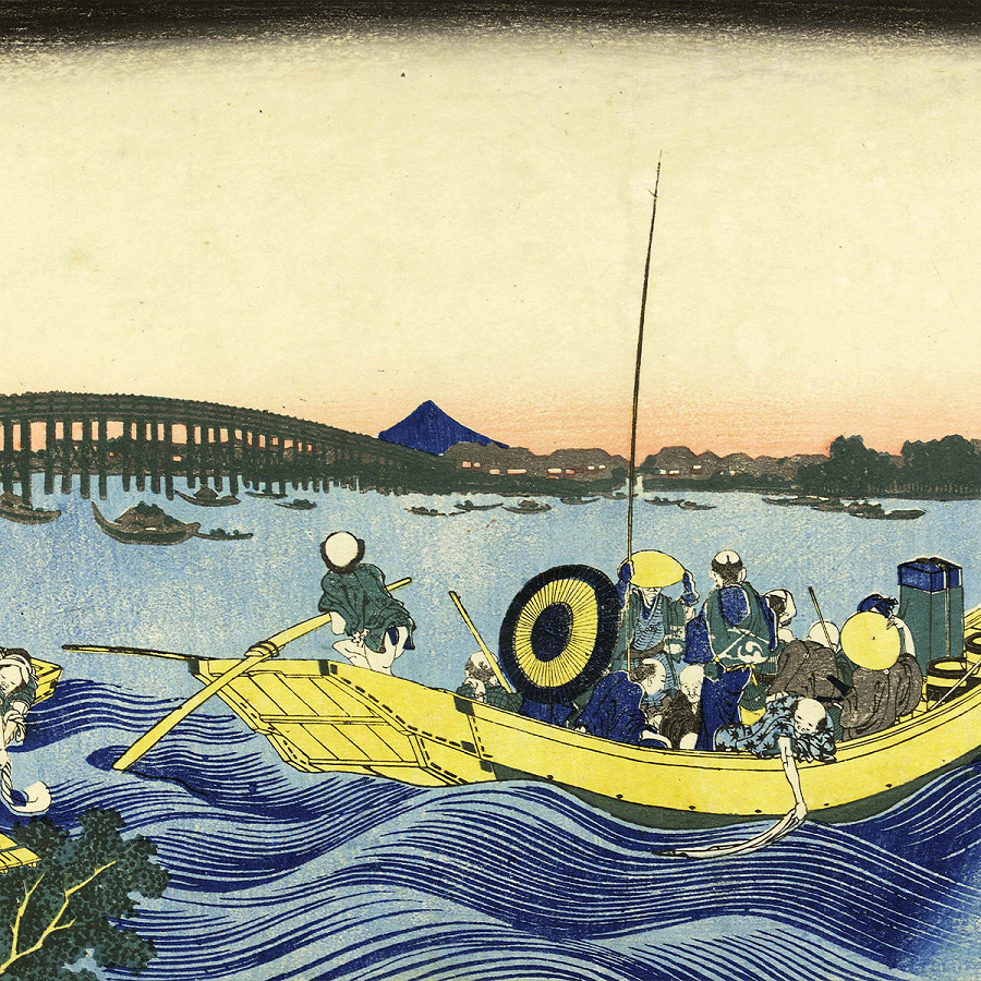 Katsushika Hokusai 
Veduta del tramonto presso il ponte Ryōgoku dalla sponda del pontile di Onmaya  
dalla serie Trentasei vedute del monte Fuji  
1830-1832 
Silografia policroma