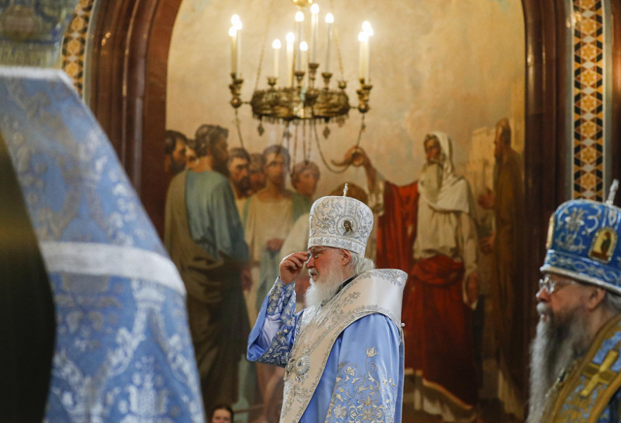 Il patriarca della Chiesa ortodossa russa Kirill, durante il rito dell'Annunciazione.