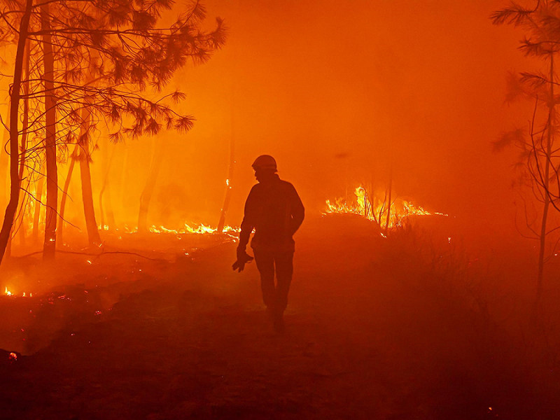 Un vigile del fuoco francese in azione durante un incendio boschivo a Landiras, il 17 luglio 2022