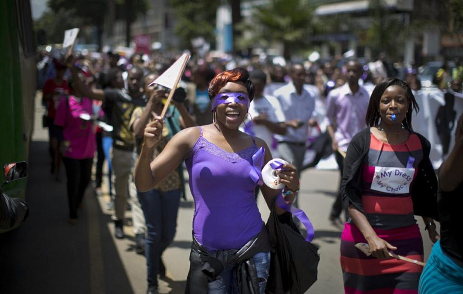 Kenyan women protest for the right to wear whichever clothes they want, at a demonstration in downtown Nairobi, Kenya, on november 2014  