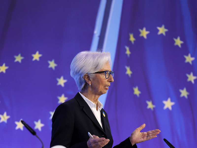 Christine Lagarde, presidente dell'European Central Bank, in conferenza stampa dopo la riunione del Consiglio Direttivo della BCE nel  marzo 2022