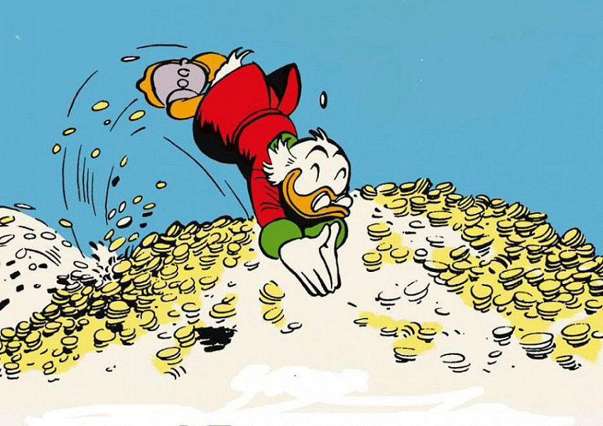 Storica illustrazione che raffigura l’avaro zio di Paperino mentre si tuffa in una montagna di monete d’oro (© Walt Disney Archives)