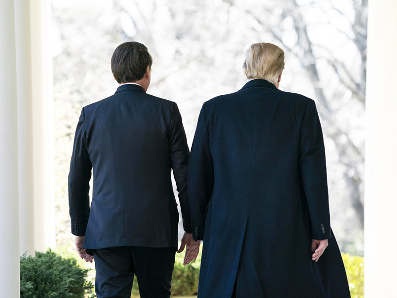 US President Donald J. Trump (R) and Brazilian President Jair Bolsonaro (L) depart after speaking at a press conference in the Rose Garden of the White House in Washington, DC, USA, 19 March 2019. 