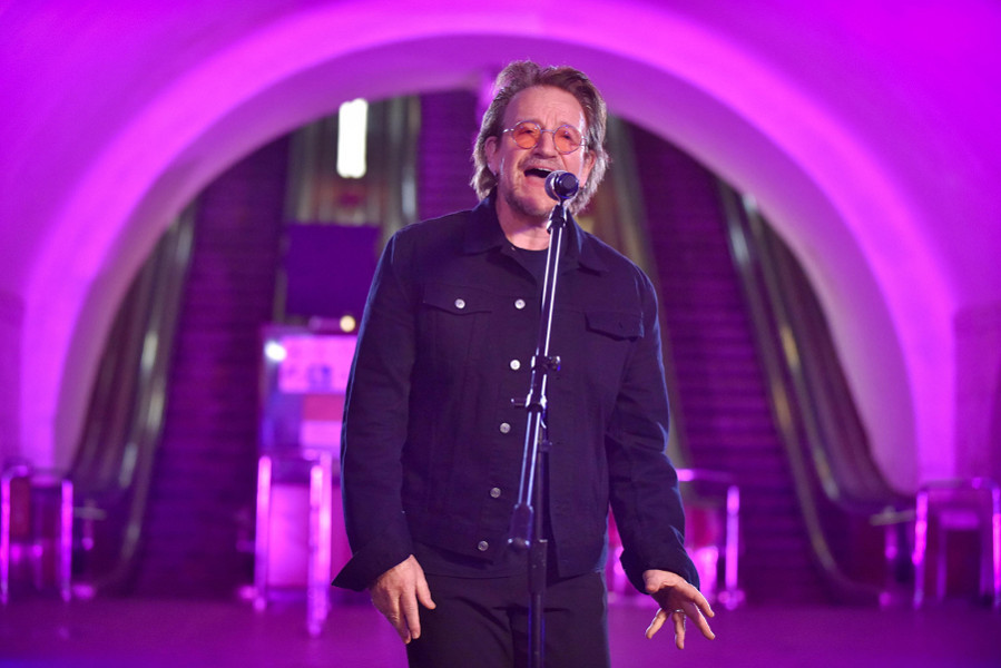 Bono of U2 performs in metro station in Kyiv