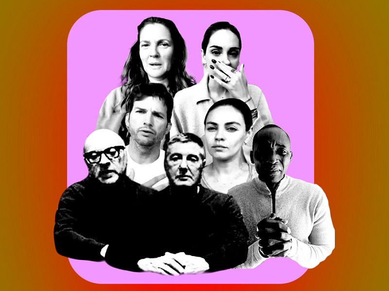 Da sinistra a destra, dall'altro verso il basso: Drew Barrymore, Chiara Ferragni, Ashton Kutcher e Mila Kunis, Domenico Dolce e Stefano Gabbana, Aboubakar Soumahoro