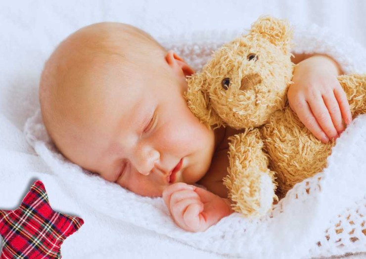 Neonato che dorme abbracciato al suo peluche preferito